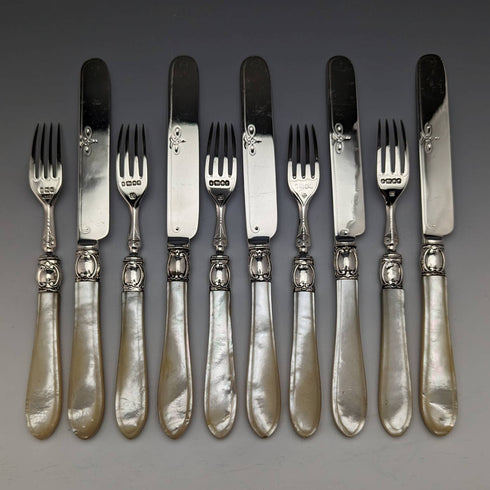 Around 1880 British Antique White Pearl Shell Handle Pure Silver Blade Cutlery 5 Pairs Martin Hall