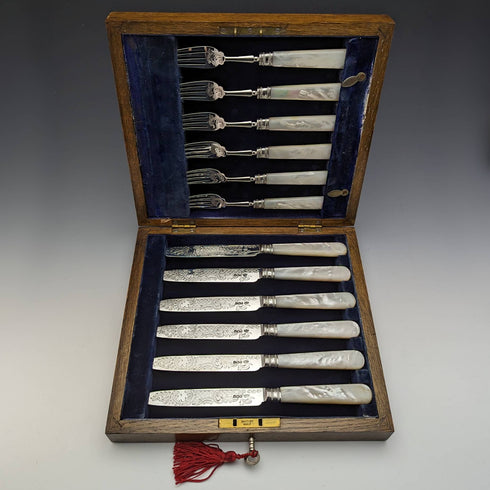 1897 British Antique White Pearl Shell Handle Pure Silver Blade Cutlery 6 Pairs Boxed J Barraclough