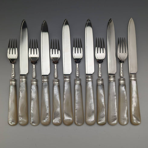 1897 British Antique White Pearl Shell Handle Pure Silver Blade Cutlery 6 Pairs Boxed J Barraclough