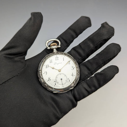 1911年頃 アンティーク ロンジン 懐中時計 彫刻銀側オープンフェース 動作良好