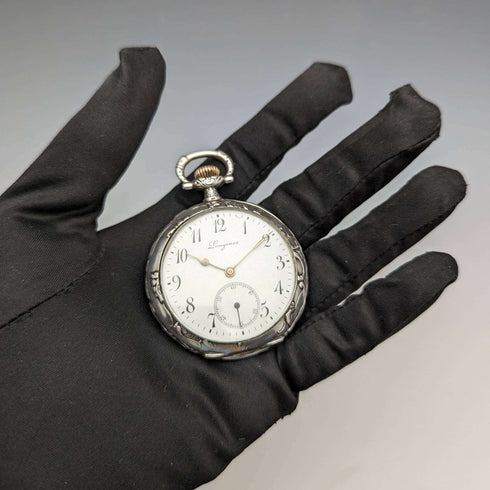 1911年頃 アンティーク ロンジン 懐中時計 彫刻銀側オープンフェース 動作良好