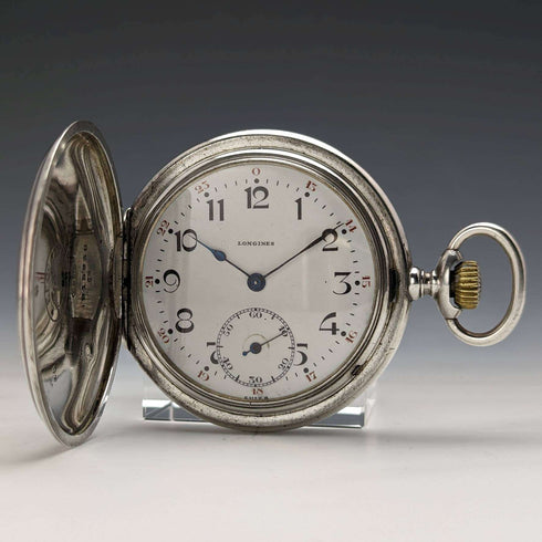1928年頃 アンティーク ロンジン 懐中時計 彫刻銀側ハンターケース 動作良好