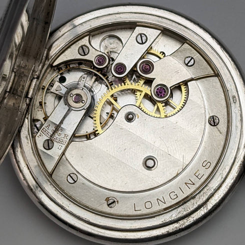 1928年頃 アンティーク ロンジン 懐中時計 彫刻銀側ハンターケース 動作良好