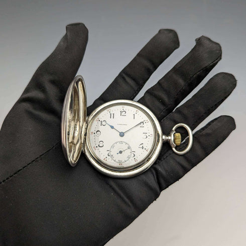 1928年頃 アンティーク ロンジン 懐中時計 彫刻銀側ハンターケース 動作良好