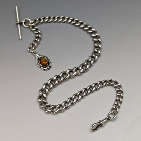 1900 年左右英國古董純銀阿爾伯特鏈超厚 65 克琥珀扣