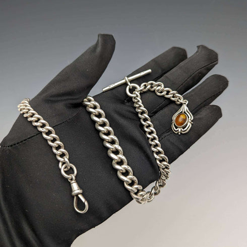 Alrededor de 1900, cadena Albert de plata esterlina antigua británica, extra gruesa de 65 g, con dije de ámbar