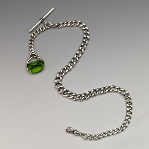 Around 1920 British Antique Sterling Silver Albert Chain 46g Greenstone Rotating Fob
