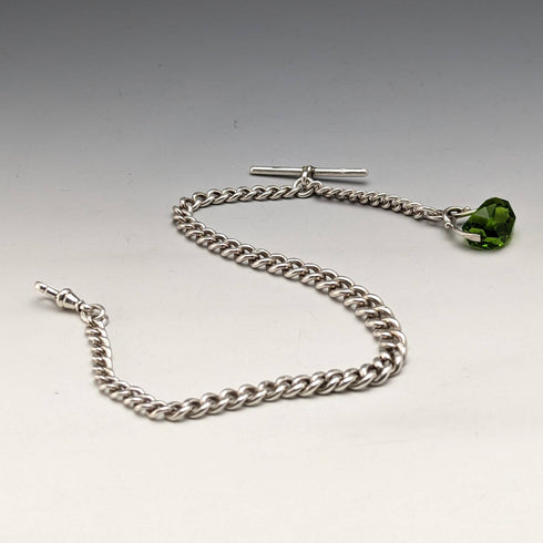 Around 1920 British Antique Sterling Silver Albert Chain 46g Greenstone Rotating Fob