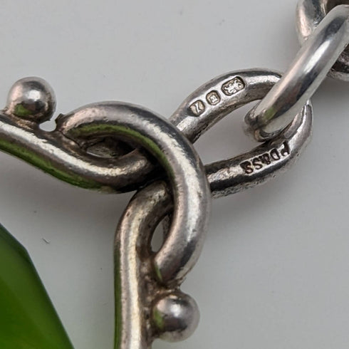 Around 1920 British Antique Sterling Silver Albert Chain 46g Greenstone Rotating Fob