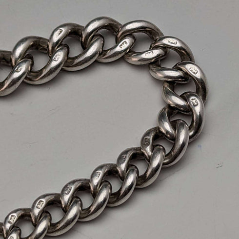 Around 1920 British Antique Sterling Silver Albert Chain 46g Greenstone Rotating Fob