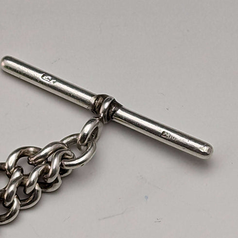 Around 1920 British Antique Sterling Silver Albert Chain 46g Greenstone Rotating Fob
