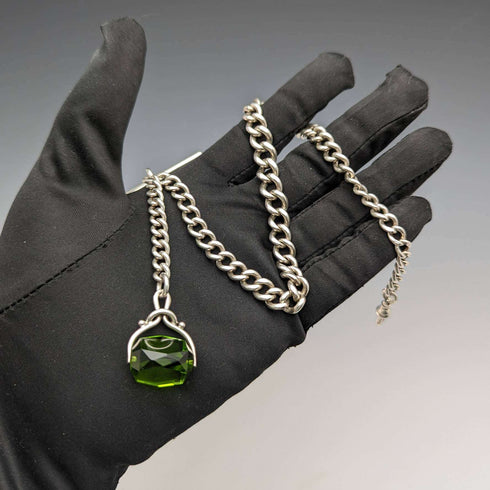 Around 1920 British Antique Sterling Silver Albert Chain 46g Greenstone Rotating Fob