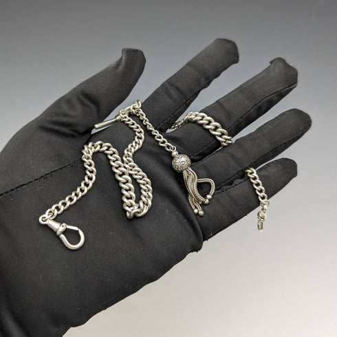 1900 年英國古董純銀雙艾伯特鏈 34 克流蘇飾扣