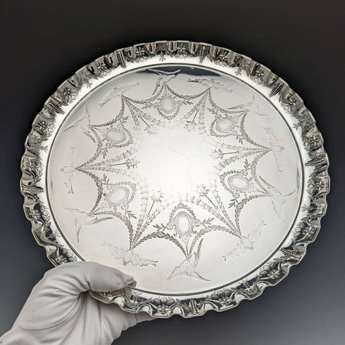 1891 British Antique Silver Plated Tray Diameter 30cm Walker and Hall