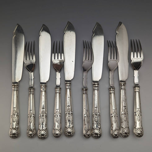 British antique sterling silver handle fish cutlery 5 pair set in cloth case