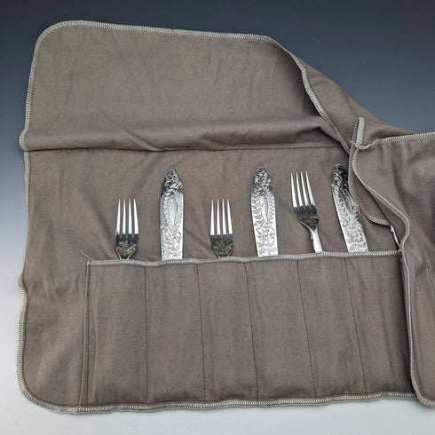 British antique sterling silver handle fish cutlery 5 pair set in cloth case