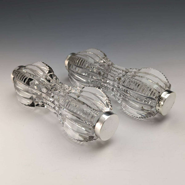 1903 British antique cut glass knife rest pair sterling silver decoration J Gilbert