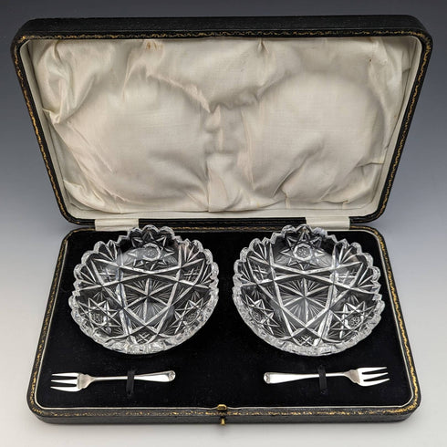 1927 年英國復古切割玻璃碟一對純銀叉子套裝 CW Fletcher & Sons 盒裝