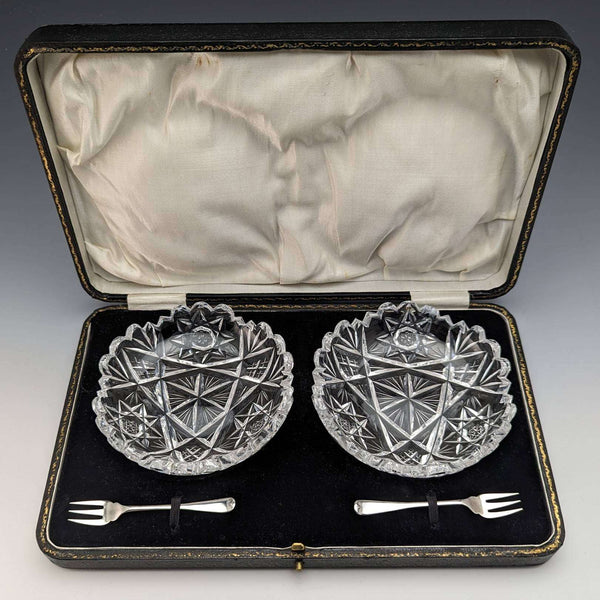 1927 British vintage cut glass dish pair sterling silver fork set CW Fletcher & Sons boxed