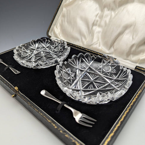 1927 年英國復古切割玻璃碟一對純銀叉子套裝 CW Fletcher & Sons 盒裝