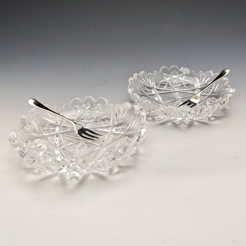 1927 年英國復古切割玻璃碟一對純銀叉子套裝 CW Fletcher & Sons 盒裝