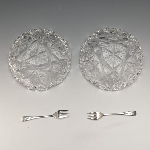 1927 年英國復古切割玻璃碟一對純銀叉子套裝 CW Fletcher & Sons 盒裝