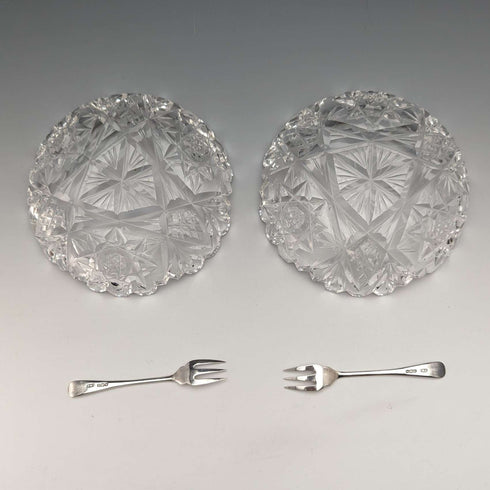 1927 年英國復古切割玻璃碟一對純銀叉子套裝 CW Fletcher & Sons 盒裝