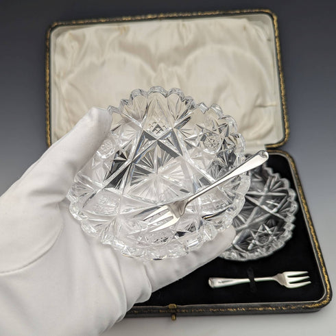 1927 年英國復古切割玻璃碟一對純銀叉子套裝 CW Fletcher & Sons 盒裝