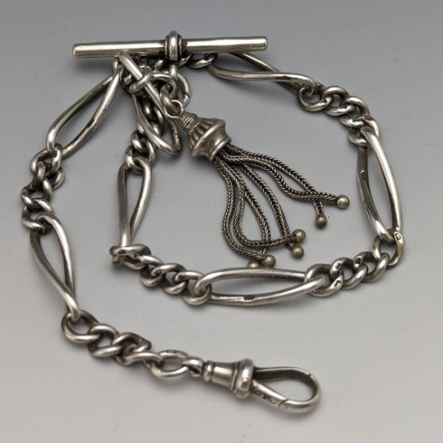 Around 1900 British Antique Sterling Silver Albert Chain 30g Fancy Link Tassel Fob