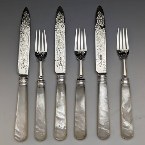 1897 British Antique Sterling Silver Blade White Pearl Shell Handle Cutlery 3 Pair Set J Barraclough