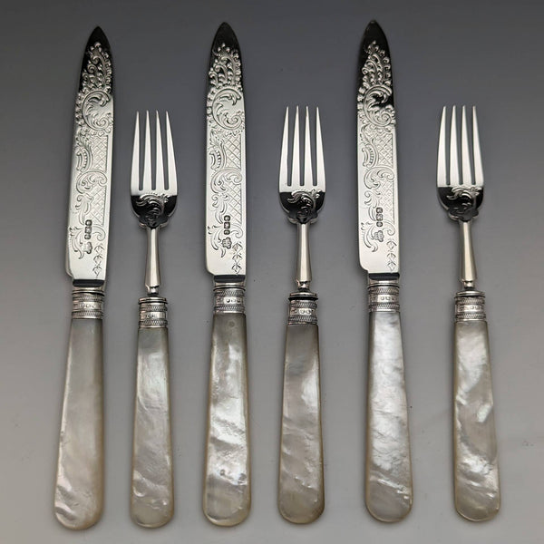 1897 British Antique Sterling Silver Blade White Pearl Shell Handle Cutlery 3 Pair Set J Barraclough