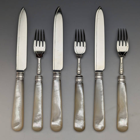 1897 British Antique Sterling Silver Blade White Pearl Shell Handle Cutlery 3 Pair Set J Barraclough