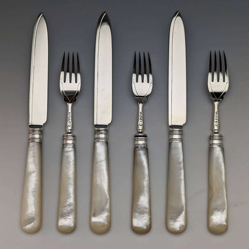 1897 British Antique Sterling Silver Blade White Pearl Shell Handle Cutlery 3 Pair Set J Barraclough