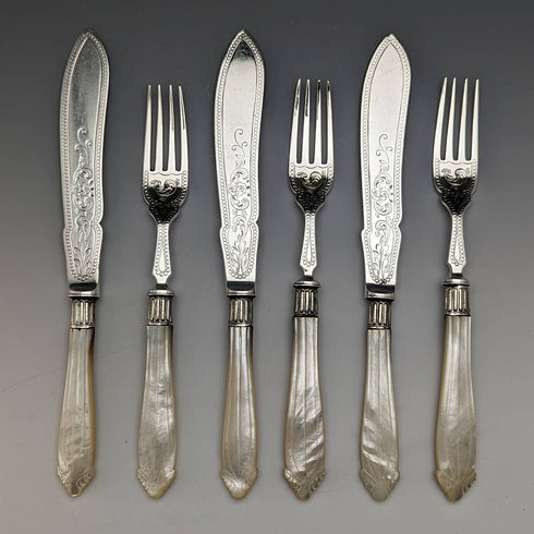 1877 British Antique Pure Silver Blade White Butterfly Shell Handle Fish Cutlery 3 Pairs Set William Hutton