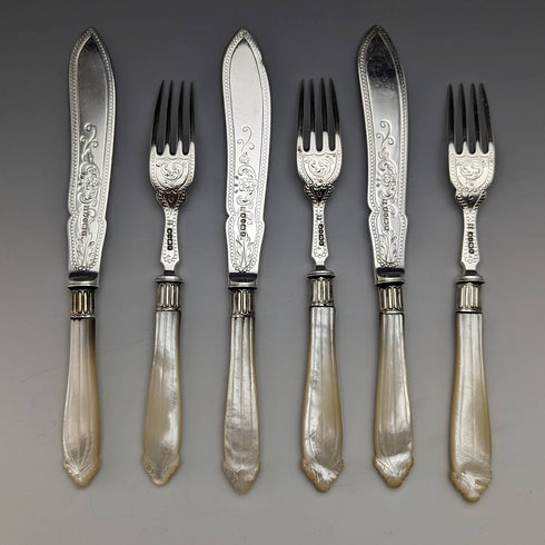 1877 British Antique Pure Silver Blade White Butterfly Shell Handle Fish Cutlery 3 Pairs Set William Hutton
