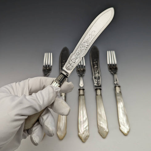 1877 British Antique Pure Silver Blade White Butterfly Shell Handle Fish Cutlery 3 Pairs Set William Hutton