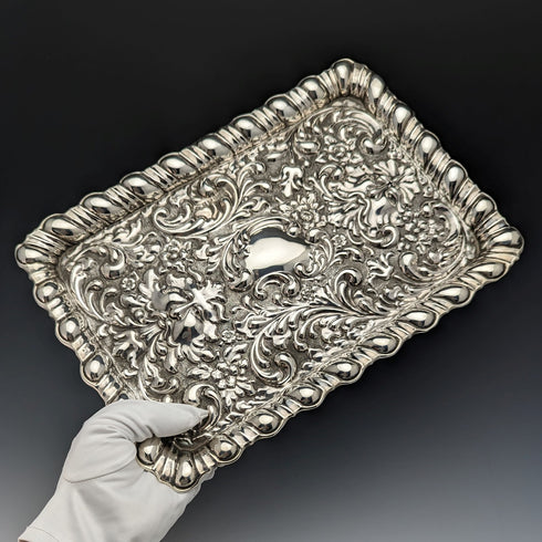 1905 年英國古董純銀浮雕雕刻梳妝台托盤 336 克霍勒斯·伍德沃德