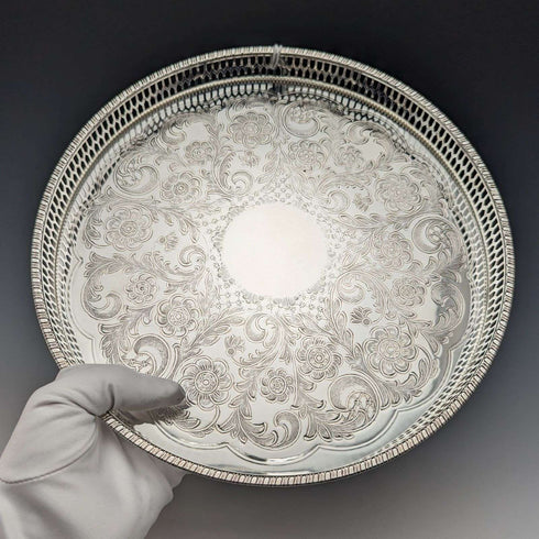 British Vintage Silver Plated Gallery Tray Diameter 26cm Boxed Deadstock