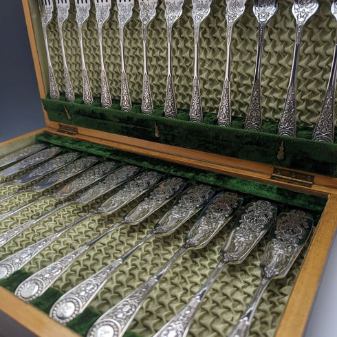 英国アンティーク シルバープレート製 フィッシュカトラリー 12ペアセット 箱入り Cooper Brothers