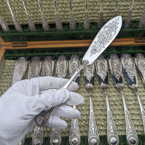 British antique silver plate fish cutlery 12 pair set boxed Cooper Brothers