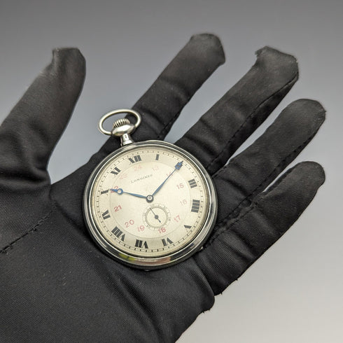 1916年頃 アンティーク ロンジン 懐中時計 薄型銀側オープンフェース 動作良好