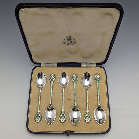 1938 年英國復古琺瑯裝飾純銀茶匙 6 件套裝在一個盒子中 MAPPIN 和 WEBB