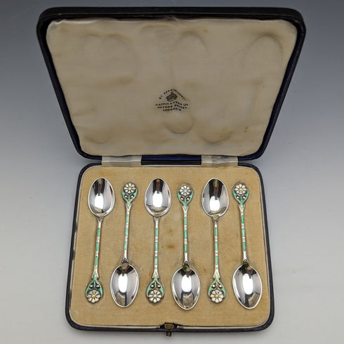 1938 British vintage enamel decorated sterling silver teaspoon set of 6 in a case MAPPIN and WEBB