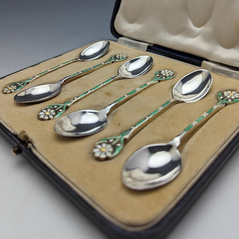 1938 British vintage enamel decorated sterling silver teaspoon set of 6 in a case MAPPIN and WEBB