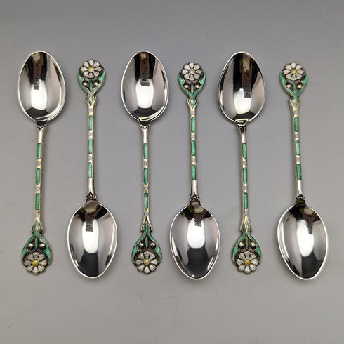 1938 British vintage enamel decorated sterling silver teaspoon set of 6 in a case MAPPIN and WEBB