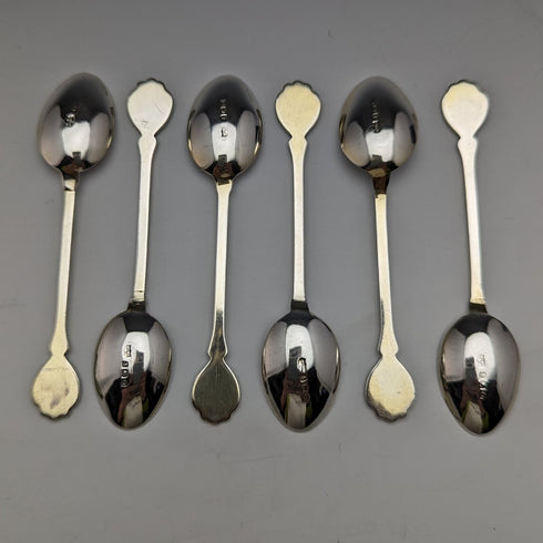 1938 British vintage enamel decorated sterling silver teaspoon set of 6 in a case MAPPIN and WEBB