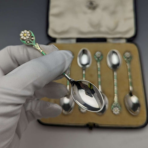 1938年 英国ヴィンテージ エナメル装飾 純銀製ティースプーン6本セット ケース入り MAPPIN and WEBB