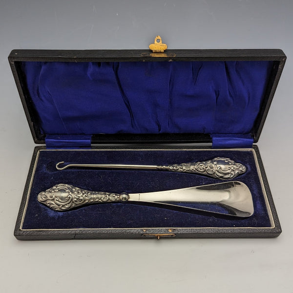 1913 年英國古董純銀手柄鞋拔鈕扣掛鉤套裝裝在 J & R Griffin 盒中