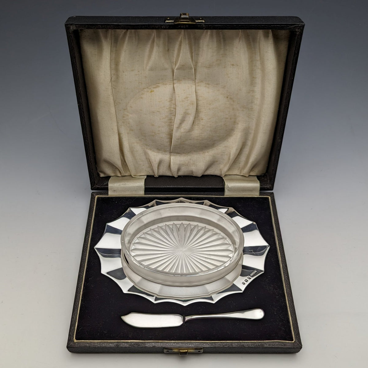 1930年代 英国ヴィンテージ 純銀＆グラスインナー バターディッシュ ケース入