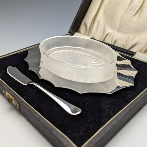 1930 年代英國復古純銀玻璃內黃油盤(帶盒)